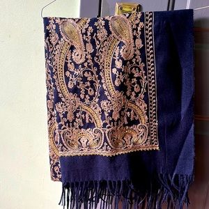Boulique shawl scarf for women, navy blue with golden delicate embroidery design